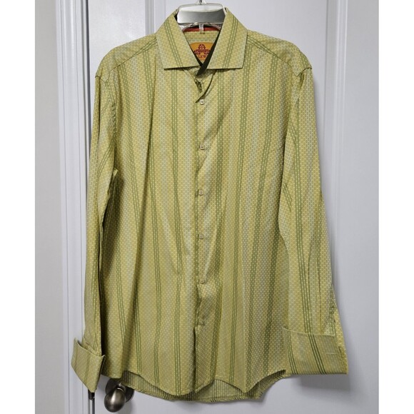R. Lewis Contemporary Fit Shirt Men's 34/35 - 16.5 Green Striped French Cuffs - Picture 1 of 8
